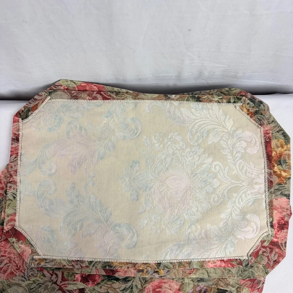 Vintage Floral Tapestry Placemats Set of 6 Reversible Damask Rose Green Cream